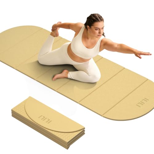 ILILI Foldable Yoga Mat-Semicircular, 10mm Thick, TPE Material, Extra Long 75"L x 26"W, Soft and Comfortable Folding Oval Mat 0.4 Inches, Easy to Carry and Store, 190*66cm Portable Multi-Functional Use for Yoga, Home Exercise & Outdoor - color: Light Yell