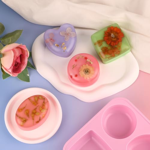 Sakolla 3 Pack Silicone Soap Molds, 4 Cavities Heart, Square, Round and Oval Silicone Molds for Handmade Soap, Candle and Mousse Cake (Pink, Green, Purple) - color: Pink Green Purple/3Pcs