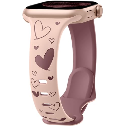 Lerobo Slim Thin Two-Tone Compatible with Apple Watch Band 40mm 38mm 41mm 42mm 44mm 45mm 46mm 49mm for Women- Soft Cute Flower/Heart Engraved Sport Band for iWatch Series 11 10 9 8 7 6 5 4 3 SE Ultra - color: B Pink Sand/Smoke Violet, size: 38mm/40mm/41mm
