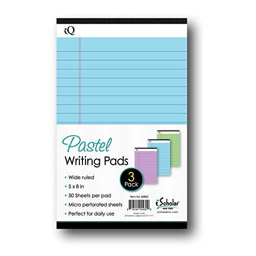 iScholar iQ Pastel Jr. Writing Pads, Wide Ruled, 5" x 8", 50 Sheets Per Pad, Asst. Pastel Colors, 3 Pack (85803) - size: 5" x 8"