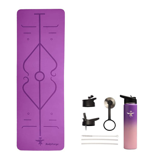 BodyForge Yoga Mat Thick Exercise Mat Thick 8mm TPE Eco-Friendly with Alignment Marks Non-Slip Extra Thick High-Density for Women Men Workout Pilates & Sports Water Bottle Bundles - color: Purple/Pink, size: 24oz Bottle
