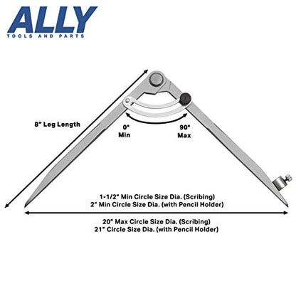 ALLY Tools 8 Inch Precision Locking Wing Divider/Woodworking Compass with Pencil Holder INCLUDES Two Pencils and Pencil Sharpener Ideal for Drawing, Drafting, Carpentry