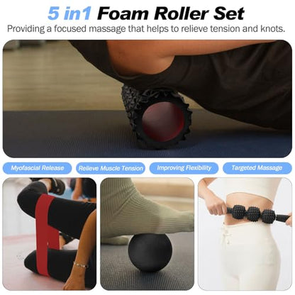 5 in 1 Foam Roller Set High Density Patented Foam Roller for Exercise | Foam Roller Massage Stick, Massage Ball, Resistance Band for Deep Muscle Massage Yoga Trigger Point Release Black Diamond - color: Black Diamond