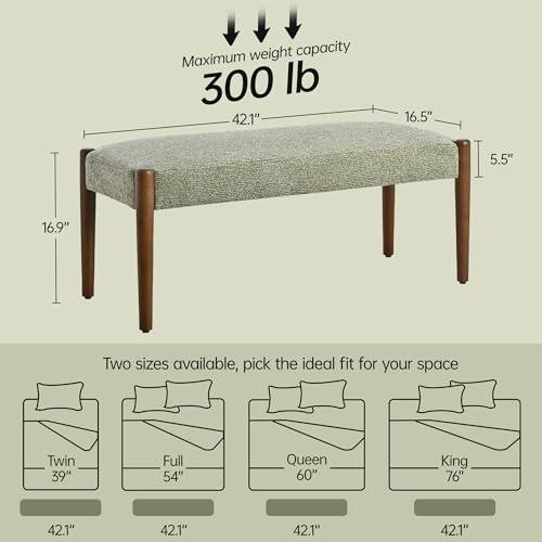 Usaint 42" End of Bed Bench with Wood Legs, Green with Walnut Leg | Modern Upholstered Bedroom Bench with Rubberwood Legs, Entryway Bench with Cushion, Dining Bench for Living Room, Bedroom - color: Green With Walnut Leg