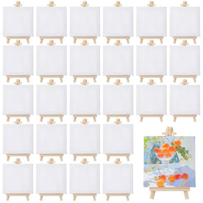32 Pcs Mini Canvas and Easel Set, 4 x 4 Inch Canvas Panels with 6 Inch Wooden Easels, Art Canvases Painting Kit for Oil Acrylic Painting, Home Decor, Party Favors, Gifts