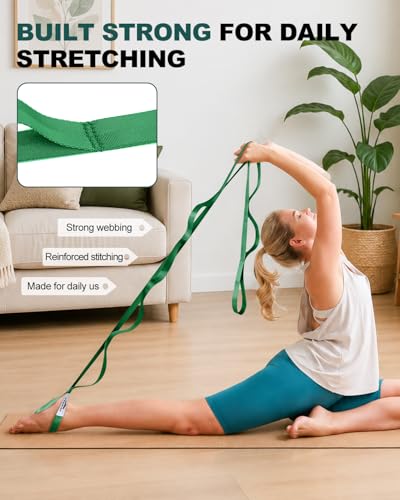 Trideer Non-Elastic Stretching Strap with Loops for Physical Therapy & Rehab, Knee Hip Leg ROM Post-Surgery, Yoga Strap for Stretching, Leg Lifter Strap Mobility Aid, Hamstring Calf Back - color: Hunter Green/75"x1"