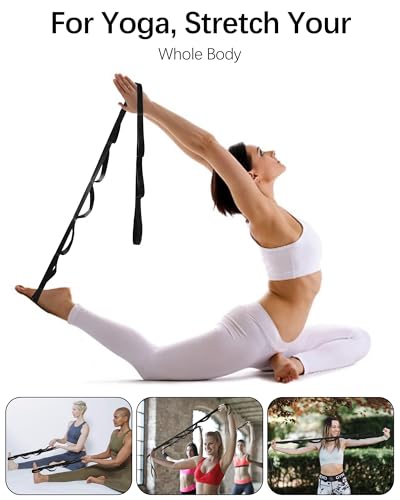 10 Loop Yoga Stretching Strap for Physical Therapy - Non-Elastic Exercise Band for Pilates, Yoga, Stretching for Women & Men - color: Black
