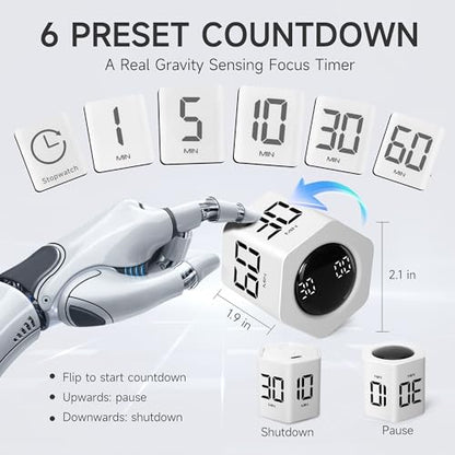 Productivity Timer, 1, 5, 10, 30, 60 Minute Presets, Desk Cube Timer | Gravity sensor, mute and vibration modes; ADHD-friendly for work, study, kitchen and back to school - color: White