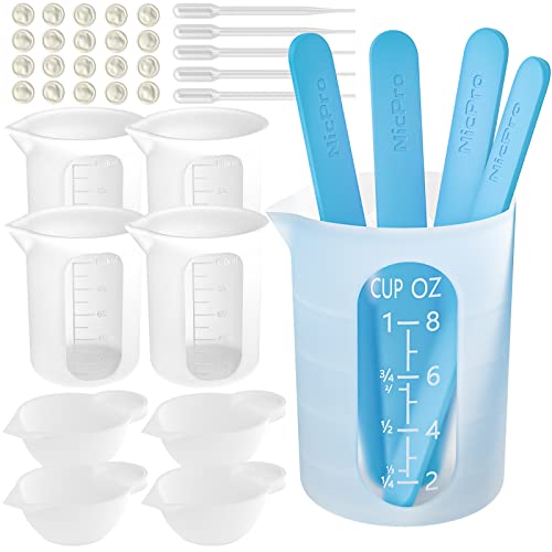 Silicone Resin Measuring Cups Tool Kit- Nicpro 250 & 100 ml Measure Cups, Silicone Popsicle Stir Sticks, Pipettes, Finger Cots for Epoxy Resin Mixing, Molds, Jewelry Making, Waxing, Easy Clean - color: White, size: 250ml+100ml
