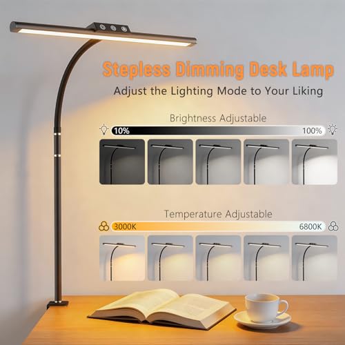 LED Desk Lamp for Home Office, Flexible Gooseneck Desk Lamp with Clamp, 5 Color Touch Control Stepless Dimming Adjustable Eye-Caring Desk Light with Adapter for Reading, Study, Workbench (Black) - color: Black