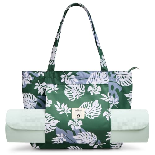 WLLWOO Yoga Mat Carrier Bag for Women Canvas Carryall Tote Gym Pilates | Large Holder Zipper Shoulder for Beach Travel Workout Fitness Office - color: Dark Green Leaf