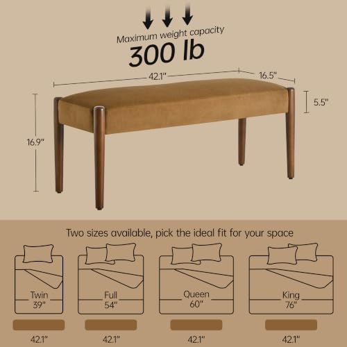 Usaint 42" End of Bed Bench with Wood Legs, Caramel Orange with Walnut Leg - color: Caramel Orange With Walnut Leg