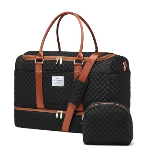 WINDARS Travel Duffle Bag, Weekender Bags for Women with Shoe Compartment, Overnight Bag with Toiletry Bag, Carry On Duffel Bags For Airplanes, Yoga Gym Duffel Bag, Black Brown - color: Black Brown