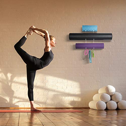 Wallniture Guru Yoga Mat Holder Wall Mount with 3 Hooks for Hanging Yoga Strap, Resistance Bands, 5-Sectional Metal - color: White, size: 19'' H | 3 Sectional