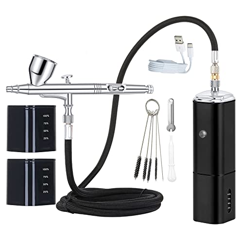 Casubaris cordless Portable Airbrush kit with Compressor,Rechargeable and replaceable auto Stop Dual Action air Brush Pen,Match Different Airbrush Guns for Barbers Model Painting Nail Art Craft Makeup - color: Black