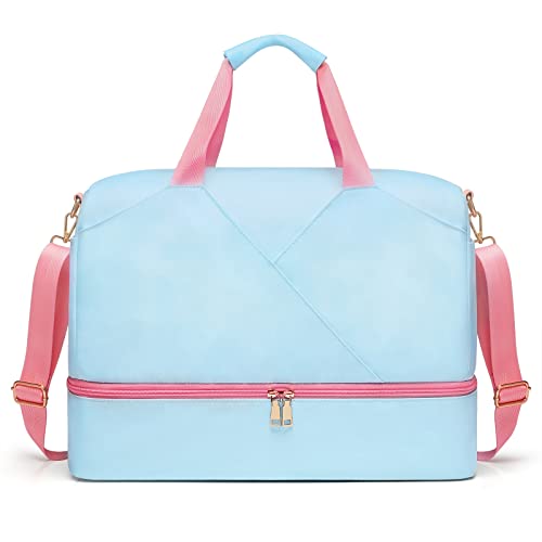 Sports Gym Bag for Women, Travel Duffle Bag with Shoe Compartment & Wet Pocket, Fitness Yoga Bag - color: Blue-93