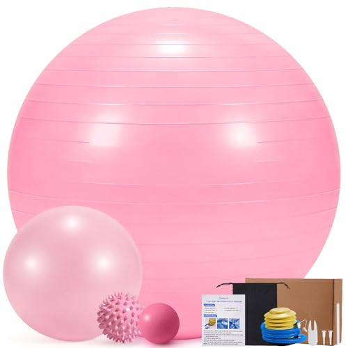 4Pcs Yoga Ball Set includes Large and 9in Pilates Balls, Massage & Spiky Ball for Fitness ,Anti-Burst Exercise Ball with Pumb for Pregnancy,Physical Therapy,Office Chair, Home Workout,3Sizes,3Colors - color: Pink, size: XL(27-30inch/68-75cm)