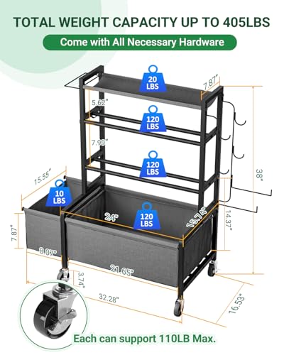 Dumbbell Rack, Adjustable 4-Tier Weight Rack Movable, Home Gym Organizer Up to 405 lb with Lockable Casters & Hooks, Workout Equipment Storage for Dumbbells, Kettlebells, Yoga Mats & Balls