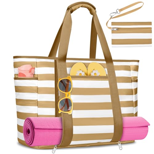 Extra Large Beach Bags for Women, Waterproof Sandproof Beach Tote Bag Foldable Swim Pool Bag with Zipper and Wet Pocket - color: Brown White