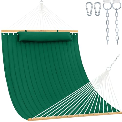 Lazy Daze 12 FT Double Quilted Hammock with Spreader Bar for Outside, Green | 2 Person Heavy Duty Hammock with Detachable Pillow and Carabiners for Outdoor Backyard Poolside, 450lbs Weight Capacity - color: Dark Green