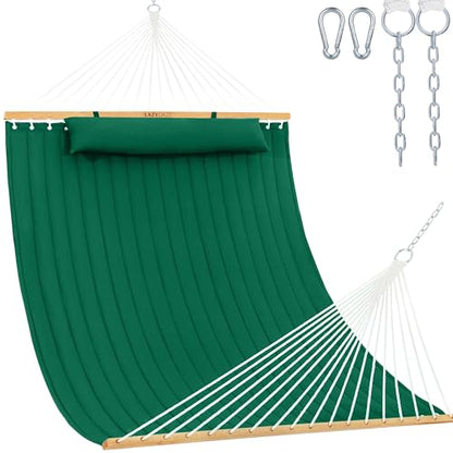Lazy Daze 12 FT Double Quilted Hammock with Spreader Bar for Outside, Green | 2 Person Heavy Duty Hammock with Detachable Pillow and Carabiners for Outdoor Backyard Poolside, 450lbs Weight Capacity - color: Dark Green