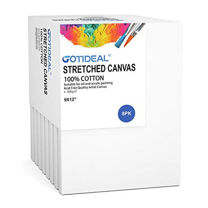 GOTIDEAL Stretched Canvas, 9x12 Inch Set of 8, Primed White | 100% Cotton Artist Canvas Boards for Painting, Acrylic Pouring, Oil Paint Dry & Wet Art Media - color: White, size: 9"x12"