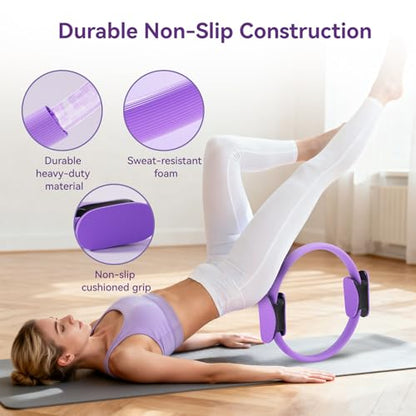 Pilates Kit for Women,15 Inch Magic Circle, 6 Multi-Level Resistance Bands,Yoga Ball Socks, Back Neck Stretcher ,14-Piece Full Body Toning Pilates Equipment for Beginners, 15 Min Daily Routine - color: Purple