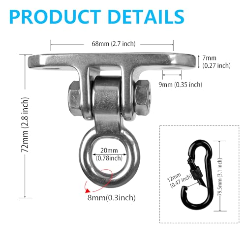 2-Pack Stainless Steel Heavy Duty 180° Swing Hanger Kit - Ceiling Mount with Hook for Porch Swing, Hammock Chair, Yoga Swing, Punching Bag, 1000 LB Capacity, Rust-Resistant Hardware Included - size: 2 holes-2Pack