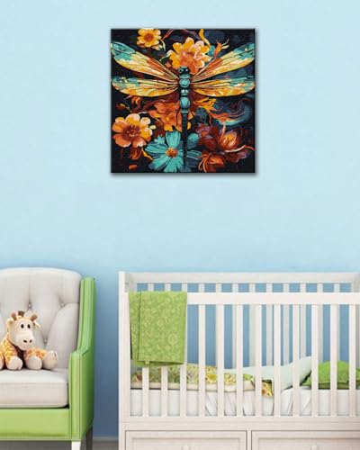 Blissroot Framed Paint by Numbers Kit for Adults Beginner&Kids Ages 8-12, 12x12inch Dragonfly Paint by Numbers with Frame, Large Flower Dragonflies Paint by Number Framed Canvas (Without Easel) - color: BR020F, size: 12"x12"