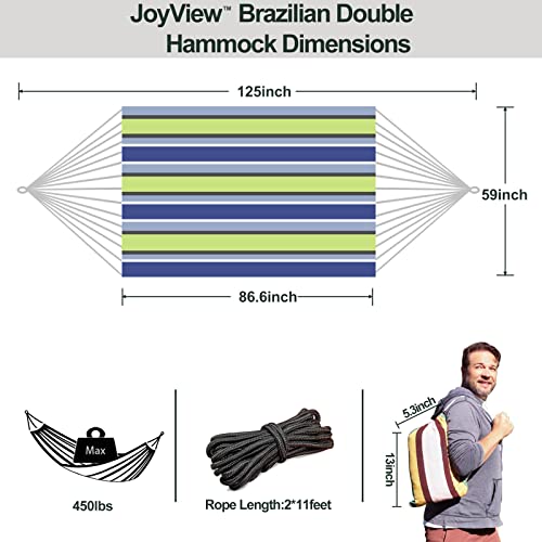 JoyView Brazilian Double Hammock with Hanging Ropes Extra Large 86.6x59” Portable Cotton Hammock for Patio Backyard Porch 450LBS Weight Capacity Perfect for Outdoor/Indoor - Blue & Green Stripes - color: Blue & Green Stripes
