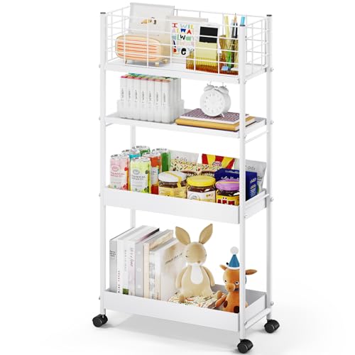 KINGRACK 4 Tier Slim Rolling Cart, Metal Utility Storage Cart with Wheels | 5.7" Raised Edge, Narrow Space Trolley Organizer for Bathroom, Kitchen, Office, Dorm, Laundry, Living Room, White - color: White, size: 4-Tier