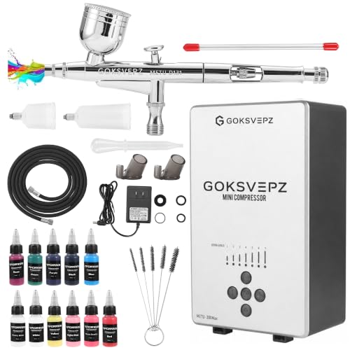 Goksvepz Airbrush Kit with Air Compressor, Portable 27PSI 7 Pressure Levels with 11 Paint 35dB Ultra-Quiet Dual-Action 0.3mm Airbrush Spray Gun for Beginners,Painting,Models,Nail,Makeup & Cake Decor - color: MEYU-300Max with 11pc paint