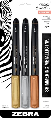 Zebra Pen, Metallic Brush Pens, Gold, Silver, and Rose Gold Ink, Medium Brush Tip Mimics Artist’s Paint Brush for Calligraphy and Lettering, Acid-Free Ink for Light and Dark Paper, 3-Pack (01603) | Acid-Free, Metallic Gold, Silver and Rose Gold Ink, Brush
