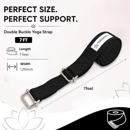 Yogikuti Double Buckle Yoga Strap - Adjustable Stretching Strap for Enhanced Flexibility in Yoga, Pilates, and Physical Therapy, Available in Various Colors and Lengths for All Fitness Levels - color: Black