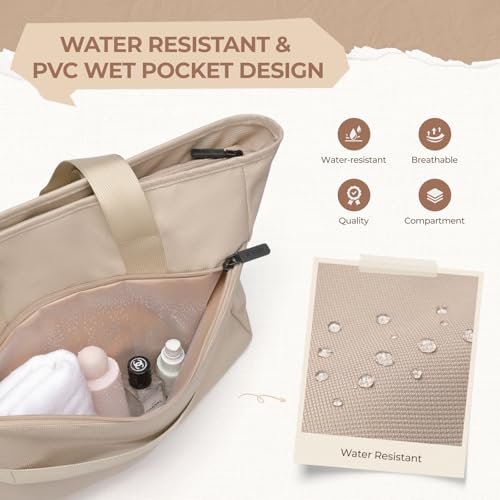 Tennis Tote Bag for Women with Yoga Mat Straps, Racket Holder Bags, 24L Lightweight Sports Bag with Wet Pocket - color: Apricot
