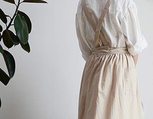 Cotton Pleated Apron Retro Waterdrop Proof Garden Cleaning Pinafore Dress - color: Wheat