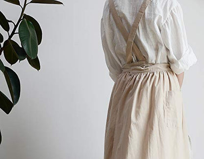 Cotton Pleated Apron Retro Waterdrop Proof Garden Cleaning Pinafore Dress - color: Wheat