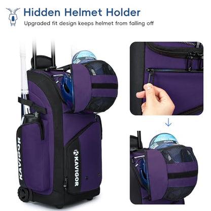 KAVIGOR Rolling Baseball Bag with Wheels, 60L Capacity Softball Bag Holds 4 Bats for Boys and Girls, Youth Equipment Bag with Shoe Compartment - color: Purple