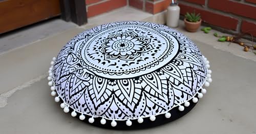 ICC 32 Inch Floor Pillows & Cushion Covers, Decorative Hippie Mandala Pouf Pillow Cover Bohemian Seating Meditation Cushion Cover, Large Boho Ottoman Case Pillowcase for Couch Round (Black Flower) - size: 32" x 32" (Pack of 1), style: Black Flower