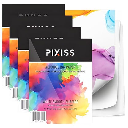 White Alcohol Ink Paper - 100 Sheets Pixiss Heavy Weight Art Paper for Alcohol Ink & Watercolor - Synthetic Paper A4 8x12 inches, 300gsm - size: 4 Pack | 100 Sheets