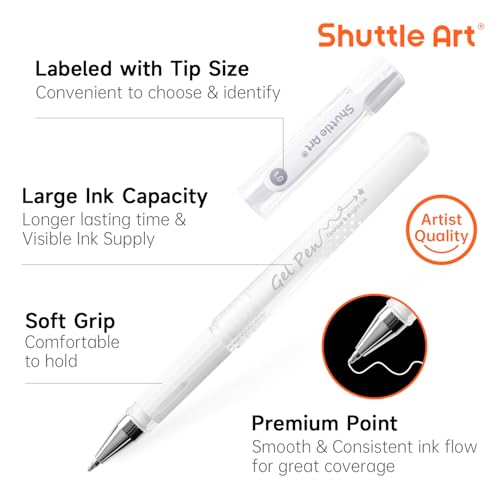 Shuttle Art White Gel Pens, 6 Pack 0.7mm, 1.0mm Gel Ink Pens Fine Point for Black Paper Highlighting Card Making Scrapbooking Coloring Writing Drawing Journaling Note Taking School Office Home - color: 6 White