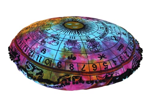 ICC 32 Inch Large Hippie Mandala Floor Pillow Ottoman Pouf Cover - Indian Peacock Daybed Oversized Cotton Cushion Cover Heavy Duty Zipper Seating Ottoman Cover - Dog Pets Bed Cover Zodiac - color: Multi Color
