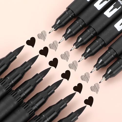 Qianyu 12 Pack Drawing Pens Black Felt Tip Markers Dual Brush Fineliners Pens Fine Calligraphy Brush Pens For Beginners Art Sketching Writing Hand Lettering Scrapbooking Journaling
