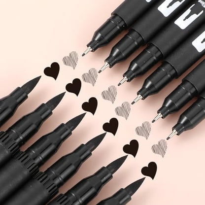 Qianyu 12 Pack Drawing Pens Black Felt Tip Markers Dual Brush Fineliners Pens Fine Calligraphy Brush Pens For Beginners Art Sketching Writing Hand Lettering Scrapbooking Journaling