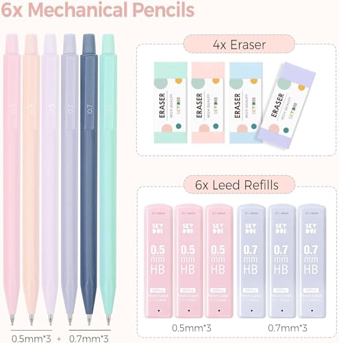 SKYDUE Cute Mechanical Pencils Set, 0.5mm & 0.7mm Mechanical Pencils, 360PCS HB Lead Refills, 4PCS Pastel Erasers, Pastel Aesthetic School Supplies for Writing, Drawing and Sketching