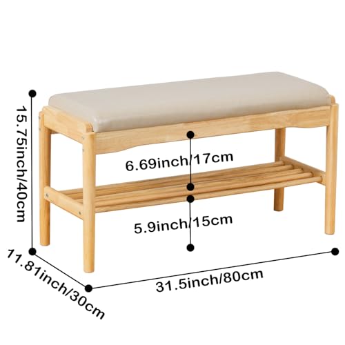 SOBIBO 2-Tier Entryway Shoe Rack Bench, Rubber Wood, Beige & Natural, 31.5" | 8–12 Pairs Capacity, Double-layer Storage, High-density Sponge Cushion, Ideal for Entryway, Hallway, Bedroom - color: Nature-beige Cushion, size: 31.5 inches