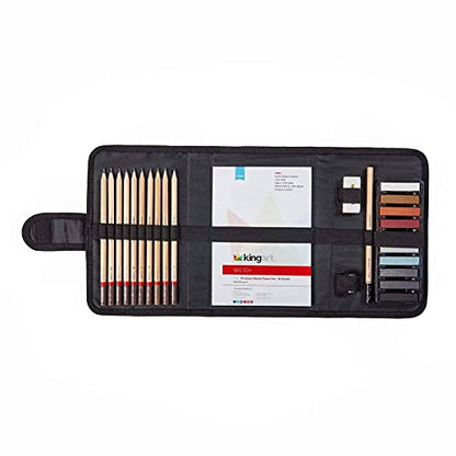 KINGART DRAWING & SKETCHING 25 pc. TRAVEL SET, Graphite, and Charcoal Pencils & Pastels plus Supplies, Art Drawing Kit for Adults, Teens, Beginner to Pro, Ideal for Shading, Blending, 25 pc.