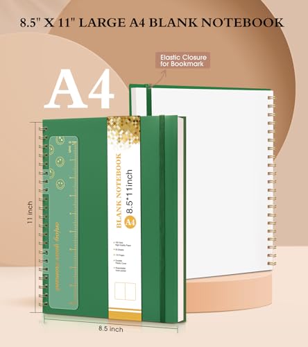 Blank Spiral Notebook Journal 8.5” x 11”, A4 Large Sketch Book for Women Men, 100 GSM Blank Paper Drawing Notebook, Plastic Hardcover Spiral Bound Sketchbook for Sketching Work School Writing, Green - color: Green, size: Plain