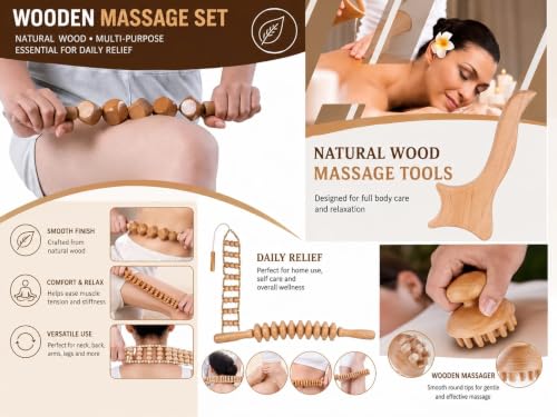 7-in-1ct, Wood Therapy Kit for Lymphatic Drainage, Maderoterapia Wooden Massager, Anti Cellulite Body Sculpting Roller, Body Contouring Tool for Waist, Legs & Back