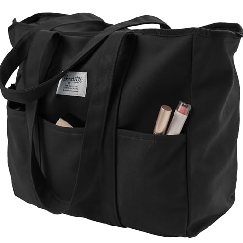 Bagelite Extra Large Canvas Tote for Women Men, Utility Work Bag with Zipper - color: Black
